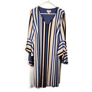 Ivy Road Shift Dress Womens 2X Vertical Stripes Bell Flare Sleeves V-Neck Boho